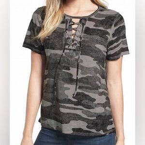 Lucky Brand Camo Lace Up Women’s Gray Semi Sheer Lightweight Tee - Size S